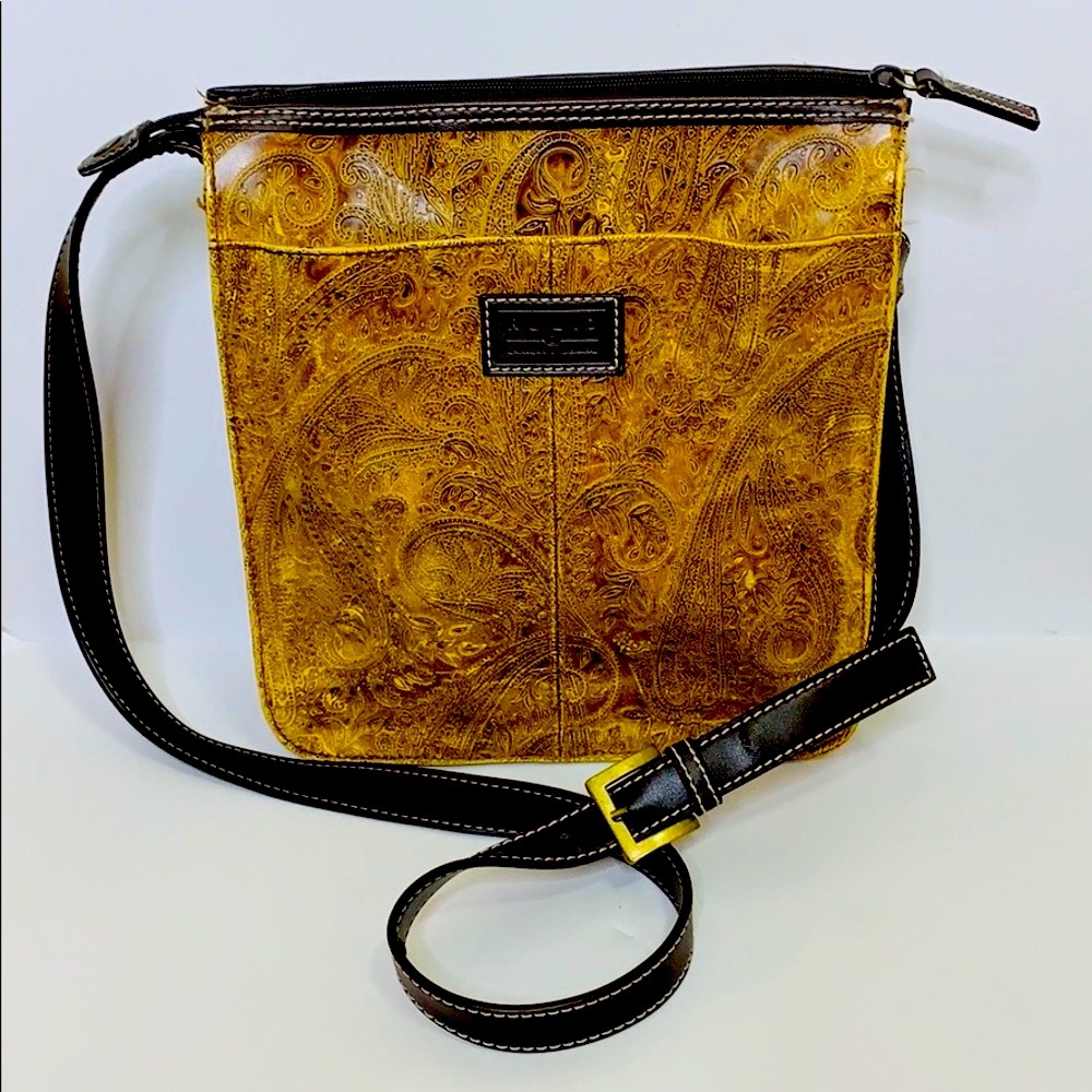 Relic | Tan + Brown Etched Messenger Purse Adjustable Crossbody Satchel Unisex